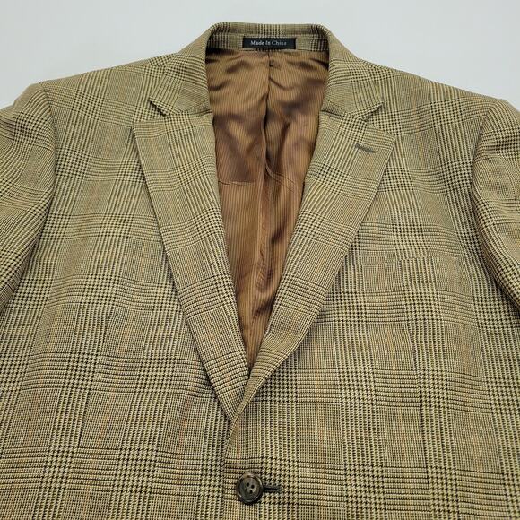 Pendleton Wool Silk Linen Blend Balzer 44R Plaid Brown Blue Tan 2 Button Vintage - Picture 3 of 7